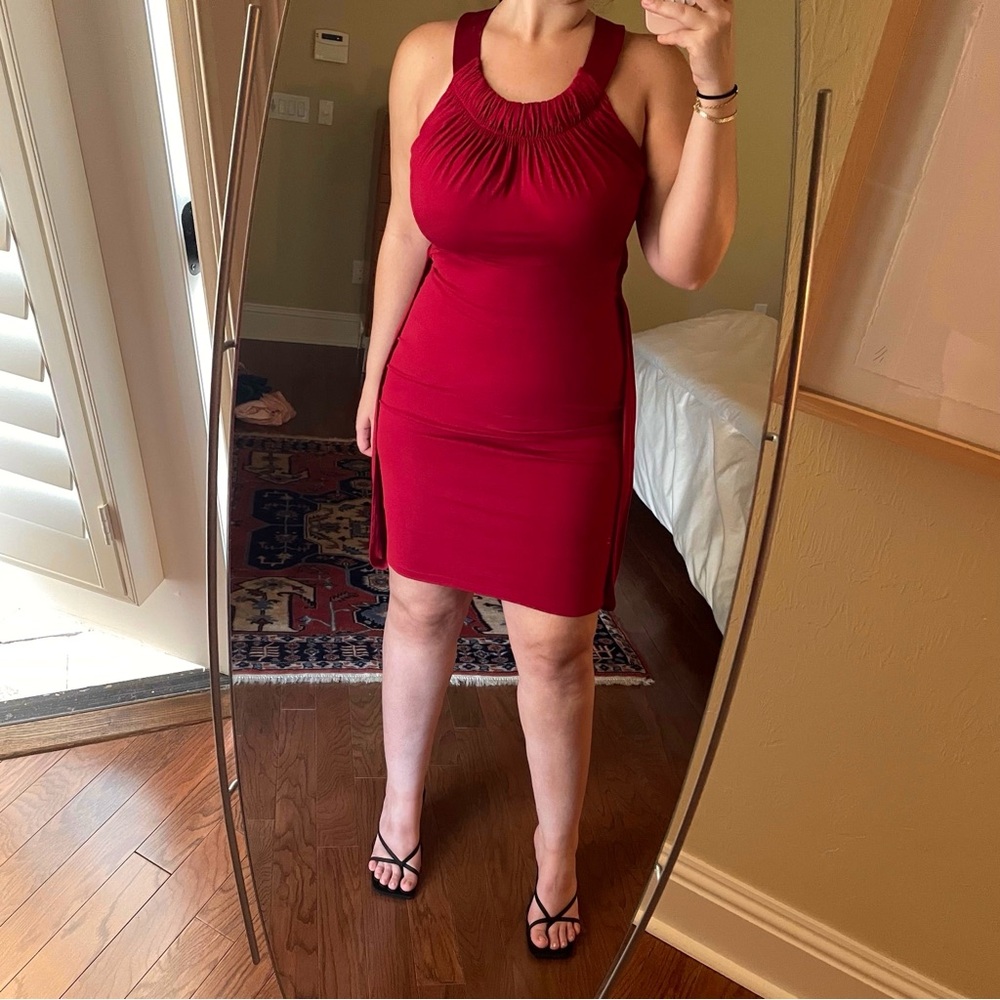 Prada Red Ruched Halter Sheath Dress